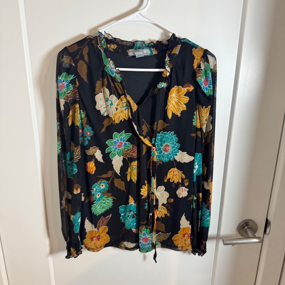 By Design Black Floral Print Ruffle Neck Sheer Long Sleeve Blouse Womens‎ Size S